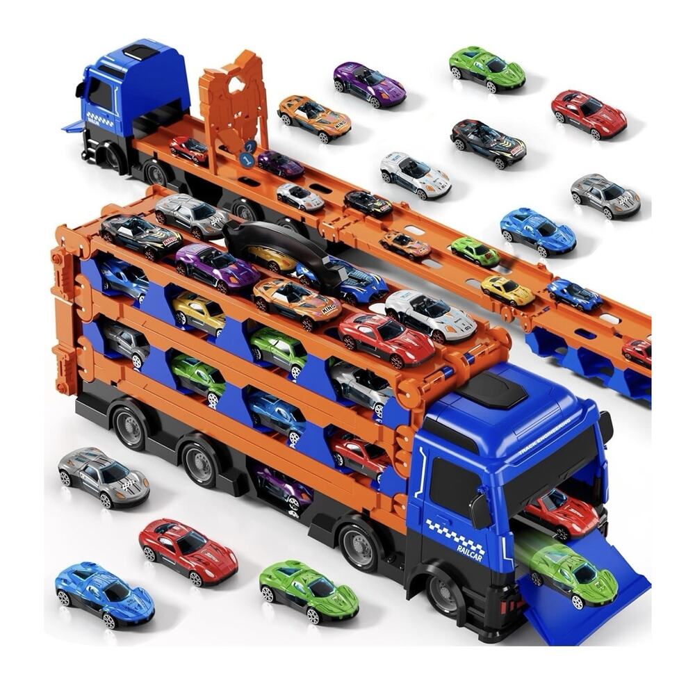 78 Inch Race Track Truck W/ 12 Metal Cars Foldable Carrier Toy Transport Vehicle